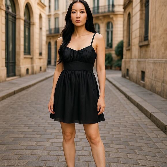 Abercrombie & Fitch Black Ruched Chiffon Empire Whimsigoth Babydoll Mini Dress M - Picture 1 of 11